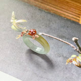 17.1mm A-Grade Natural Bluish Floral Yellow Jadeite Joseon Ring (Red Sakura Flower) No.162577