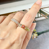 17.1mm A-Grade Natural Bluish Floral Yellow Jadeite Joseon Ring (Red Sakura Flower) No.162577