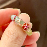 17.1mm A-Grade Natural Bluish Floral Yellow Jadeite Joseon Ring (Red Sakura Flower) No.162577