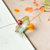 17.1mm A-Grade Natural Bluish Floral Yellow Jadeite Joseon Ring (Red Sakura Flower) No.162578