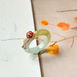 17.1mm A-Grade Natural Bluish Floral Yellow Jadeite Joseon Ring (Red Sakura Flower) No.162578