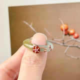 17.1mm A-Grade Natural Bluish Floral Yellow Jadeite Joseon Ring (Red Sakura Flower) No.162578