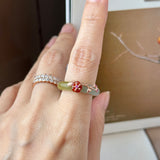 17.1mm A-Grade Natural Bluish Floral Yellow Jadeite Joseon Ring (Red Sakura Flower) No.162578