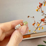 17.2mm A-Grade Natural Bluish Floral Yellow Jadeite Joseon Ring (Red Sakura Flower) No.162579
