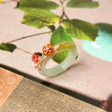 17.2mm A-Grade Natural Bluish Floral Yellow Jadeite Joseon Ring (Red Sakura Flower) No.162580