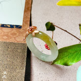 17.2mm A-Grade Natural Bluish Floral Yellow Jadeite Joseon Ring (Red Sakura Flower) No.162580