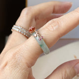 17.2mm A-Grade Natural Bluish Floral Yellow Jadeite Joseon Ring (Red Sakura Flower) No.162581