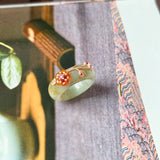 14.3mm A-Grade Natural Light Bluish Green Yellow Jadeite Joseon Ring (Red Sakura Flower) No.162582
