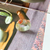 14.3mm A-Grade Natural Light Bluish Green Yellow Jadeite Joseon Ring (Red Sakura Flower) No.162582