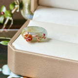 14.3mm A-Grade Natural Light Bluish Green Yellow Jadeite Joseon Ring (Red Sakura Flower) No.162582