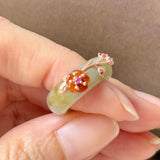 14.3mm A-Grade Natural Light Bluish Green Yellow Jadeite Joseon Ring (Red Sakura Flower) No.162582