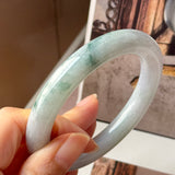 57.3mm A-Grade Natural Lavender Bluish Green Floral Jadeite Bold Traditional Round Bangle No. 151989