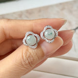 A-Grade Natural Floral Jadeite Cabochon Clover Stud Earring No. 180926
