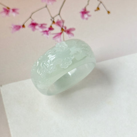 20.4mm A-Grade Natural Light Green Jadeite Joseon Ring Band With Sakura Flowers Carving No.162591