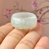 20.4mm A-Grade Natural Light Green Jadeite Joseon Ring Band With Sakura Flowers Carving No.162591