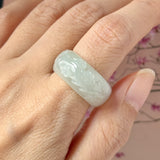 20.4mm A-Grade Natural Light Green Jadeite Joseon Ring Band With Sakura Flowers Carving No.162591