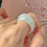 20.4mm A-Grade Natural Light Green Jadeite Joseon Ring Band With Sakura Flowers Carving No.162591