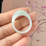 20.4mm A-Grade Natural Light Green Jadeite Joseon Ring Band With Sakura Flowers Carving No.162591