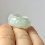 17.9mm A-Grade Natural Light Green Jadeite Joseon Ring Band With Sakura Flowers Carving No.162592