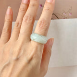 17.9mm A-Grade Natural Light Green Jadeite Joseon Ring Band With Sakura Flowers Carving No.162592