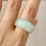 17.9mm A-Grade Natural Light Green Jadeite Joseon Ring Band With Sakura Flowers Carving No.162592