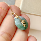 A-Grade Green Floral Imperial Green Jadeite Donut Bamboo Pendant (Dual Gold Tone) No.172896