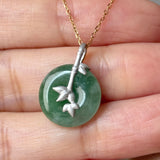 A-Grade Green Floral Imperial Green Jadeite Donut Bamboo Pendant (Dual Gold Tone) No.172897