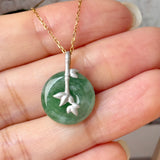 A-Grade Green Floral Imperial Green Jadeite Donut Bamboo Pendant (Dual Gold Tone) No.172897