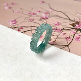 16.8mm Icy A-Grade Natural Bluish Green Jadeite Plum Blossom Ring Band No.162587