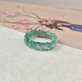 16.8mm Icy A-Grade Natural Bluish Green Jadeite Plum Blossom Ring Band No.162587