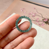 16.8mm Icy A-Grade Natural Bluish Green Jadeite Plum Blossom Ring Band No.162587