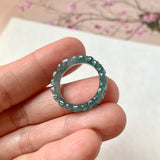 16.1mm Icy A-Grade Natural Bluish Green Jadeite Plum Blossom Ring Band No.162588