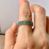 16.1mm Icy A-Grade Natural Bluish Green Jadeite Plum Blossom Ring Band No.162588