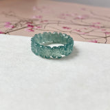 15.1mm Icy A-Grade Natural Bluish Green Jadeite Plum Blossom Ring Band No.162590