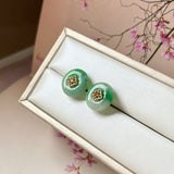 A-Grade Natural Green Jadeite Donut Peranakan Tile Stud Earrings No. 180931