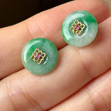 A-Grade Natural Green Jadeite Donut Peranakan Tile Stud Earrings No. 180931