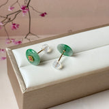 A-Grade Natural Green Jadeite Donut Peranakan Tile Stud Earrings No. 180931