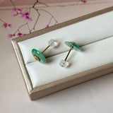 A-Grade Natural Green Jadeite Donut Peranakan Tile Stud Earrings No. 180931