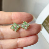 SOLD OUT: Icy A-Grade Natural Moss On Snow Jadeite Osmanthus Flower Stud Earrings No. 180932