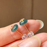 Icy A-Grade Natural Deep Indigo Jadeite Donut Peranakan Tile Stud Earrings No. 180939