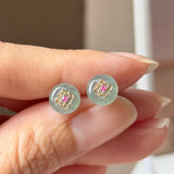 Icy A-Grade Natural Steel Blue Jadeite Donut Peranakan Tile Stud Earrings No. 180938