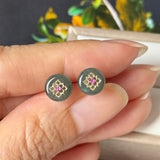 SOLD OUT: Icy A-Grade Natural Deep Indigo Jadeite Donut Peranakan Tile Stud Earrings No. 180940