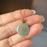 A-Grade Natural Sage Green Jadeite Donut Peranakan Tile Pendant No.172926