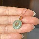 A-Grade Natural Sage Green Jadeite Donut Peranakan Tile Pendant No.172926