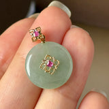 A-Grade Natural Sage Green Jadeite Donut Peranakan Tile Pendant No.172926
