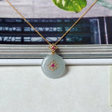 Icy A-Grade Natural Grey Jadeite Donut Peranakan Tile Pendant No.172927