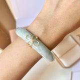 SOLD OUT: 58mm A-Grade Natural Light Green Jadeite Modern Round Bangle with M.Petals Embellishment No.151975