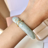 58mm A-Grade Natural Light Green Jadeite Modern Round Bangle with M.Petals Embellishment No.151975