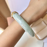 SOLD OUT: 58mm A-Grade Natural Light Green Jadeite Modern Round Bangle with M.Petals Embellishment No.151975