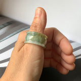 19.3mm A-Grade Natural Bluish Green Floral Jadeite Archer Ring Band No.161594